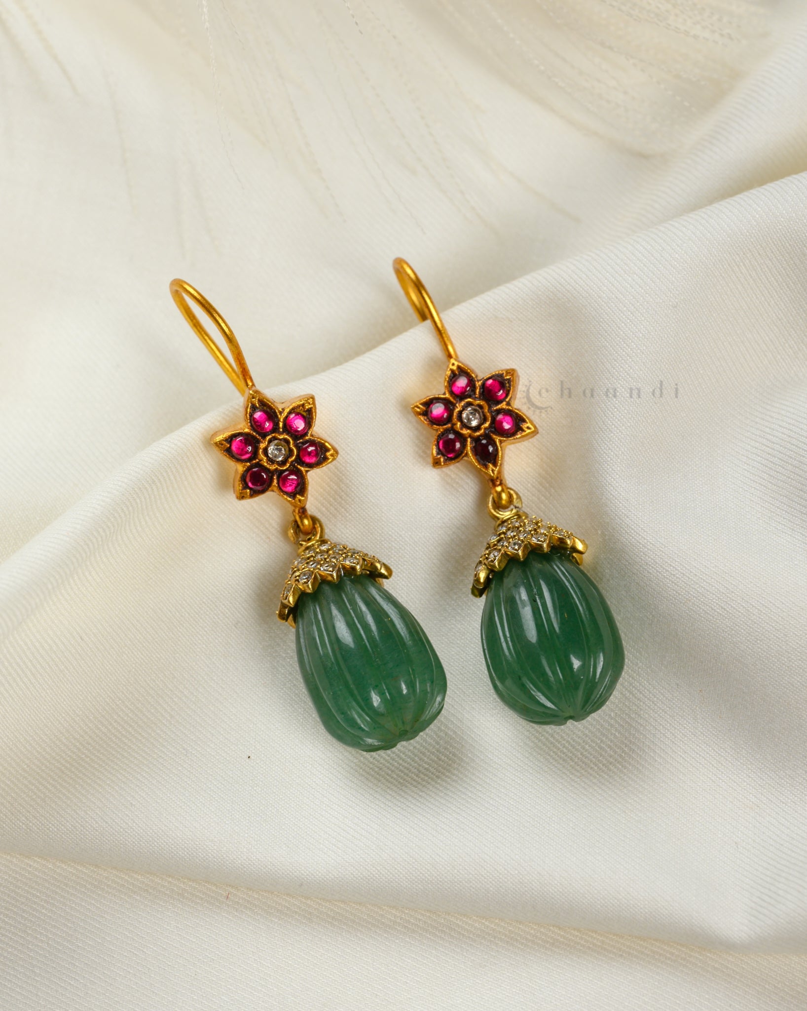 Gold Polish Kundan And Ruby Hook Drop Earrings With Zircon And Green Onyx Bead CHE1526