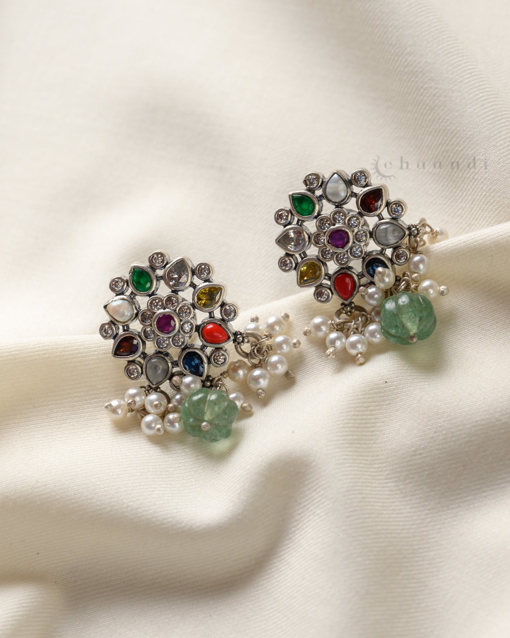 Navarathana Earrings With Pearl & Jade Hangings CHE1636