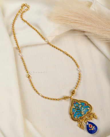 Gold Polish Antique Inlay Work Pendant With Gold Polish Beaded Chain With Lapis Hangings CHN1416