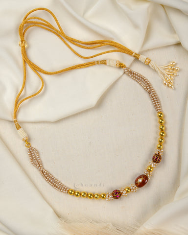 Antique Gold Polish Kundan, Inlay Sand Stone And Gold Beads With Pearl Chain CHN1422