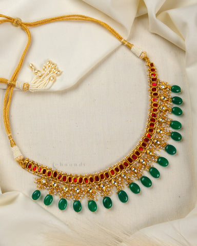 Gold Polish kundan And Ruby Necklace With Pearls And Jade Beads CHN1431