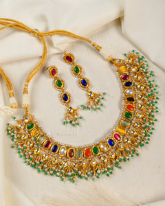 Gold Polish Navarathana Necklace Set With Pearl And Jade Bead CHN1447