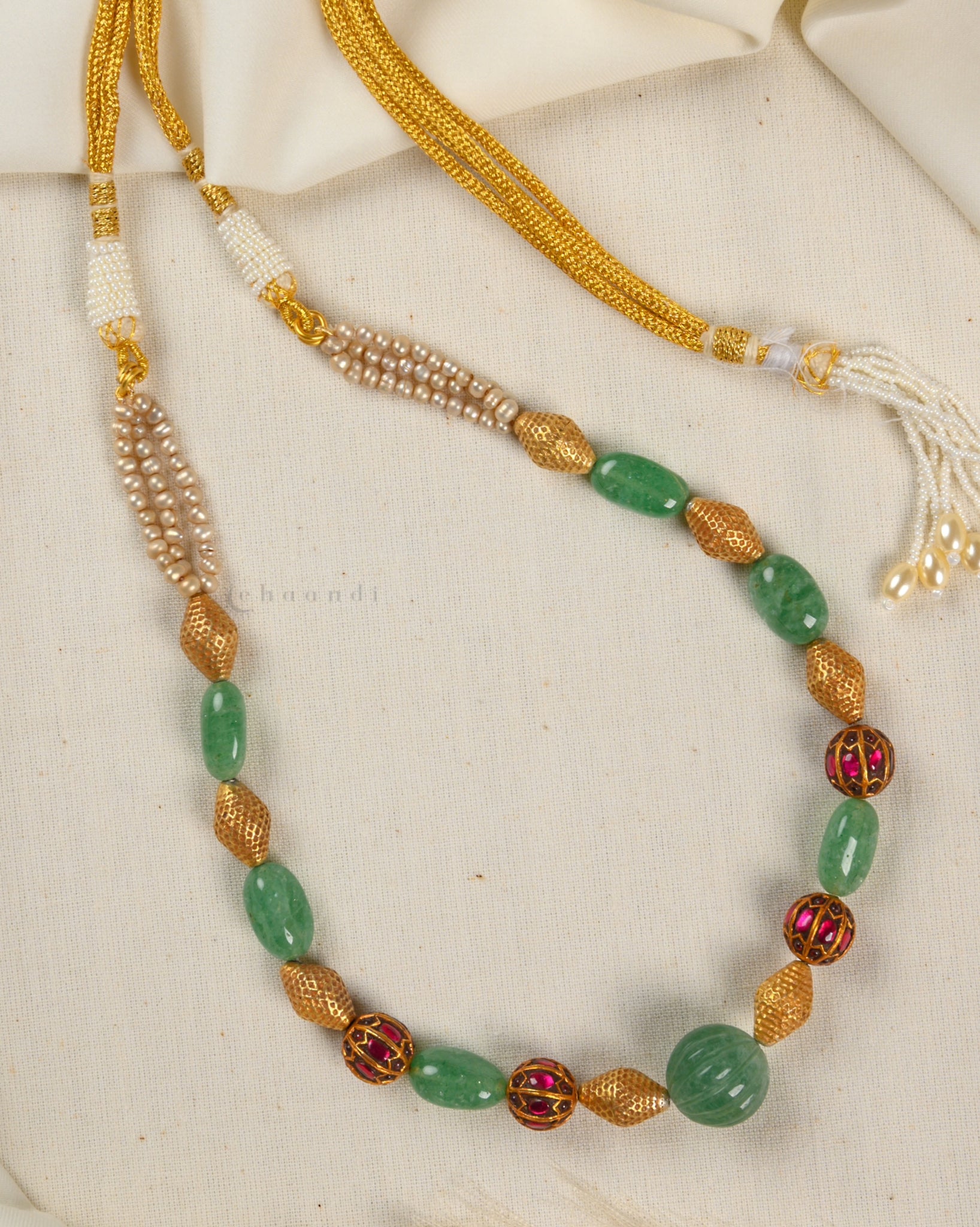 Antique Gold Polish Kundan, Ruby And Green Jade Pearl Chain CHN1419