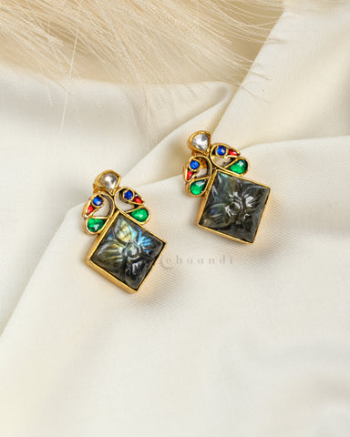 Gold Polish Kundan Ruby And Emerald Studs With Labradorite Carved Stone Earrings CHE1513