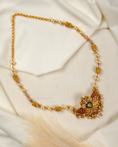 Kundan Ruby And Emerald Peocock With Gold Pearl And Rose Quartz Beads Chain CHN1417