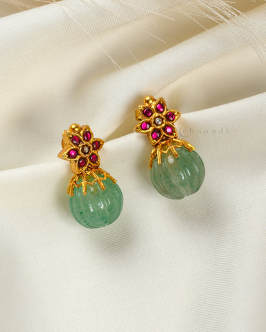 Gold Polish Ruby Earrings With Jade Carved Bead CHE1527