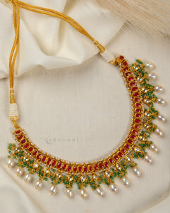 Gold Polish kundan And Ruby Necklace With Pearls And Jade Beads CHN1433