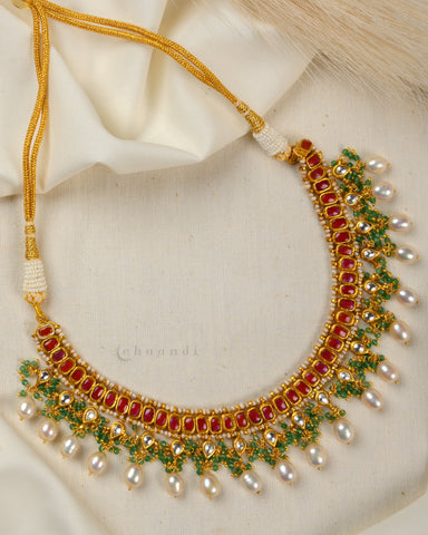 Gold Polish kundan And Ruby Necklace With Pearls And Jade Beads CHN1433