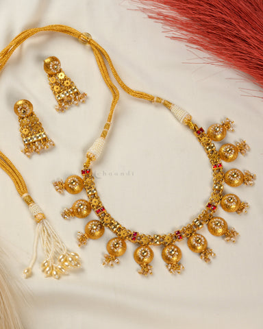 Antique Style Kundan And Ruby Necklace Set With Pearl Bunch CHN1445