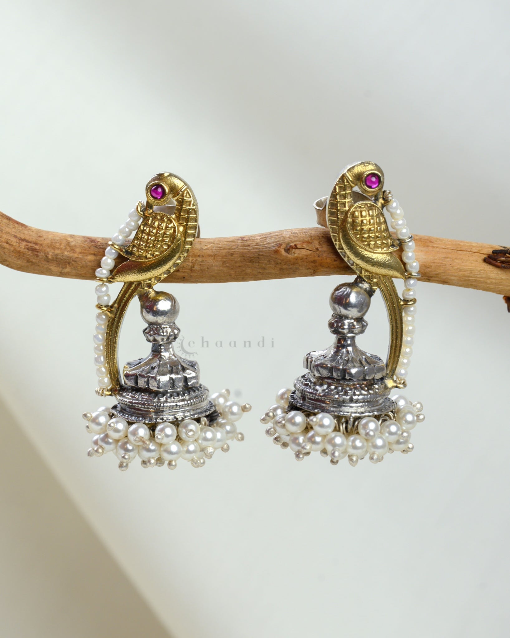 Dual-Tone Peacock Statement Earrings With Pearl Hangings CHE1661