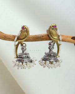 Dual-Tone Peacock Statement Earrings With Pearl Hangings CHE1661