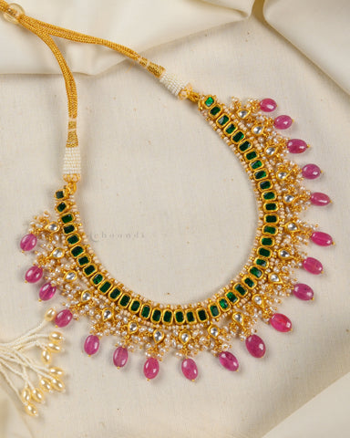 Gold Polish kundan And Emerald Necklace With Pearls And Ruby Beads CHN1432