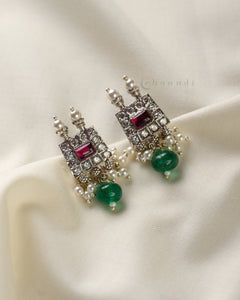 Zircon & Red-Kemp Earrings With Pearl  & Jade Hangings CHE1639