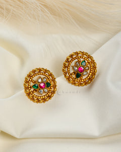 Antique Gold Polish Kundan Emerald And Ruby Studs CHE1537