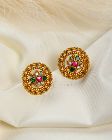 Antique Gold Polish Kundan Emerald And Ruby Studs CHE1537
