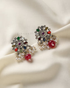 Navarathana Earrings With Pearl & Ruby Hangings CHE1635