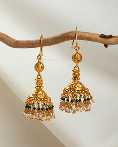 Gold Polish Hook-Drop Jhumka With Pearl & Jade Hangings CHE1662