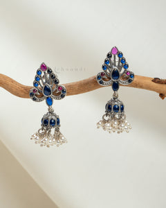 Red & Blue Peacock-Kemp Earrings With Jhumka & Pearl Hangings CHE1649