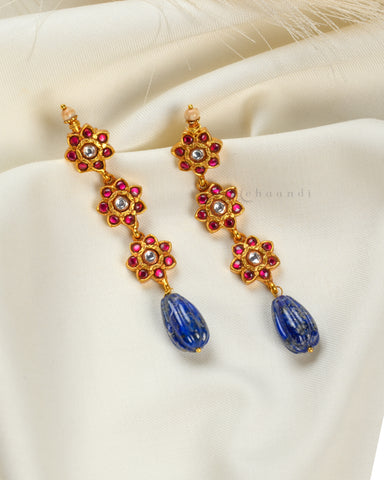 Gold Polish Kundan And Ruby Earrings With Blue Lapis Beads CHE1550