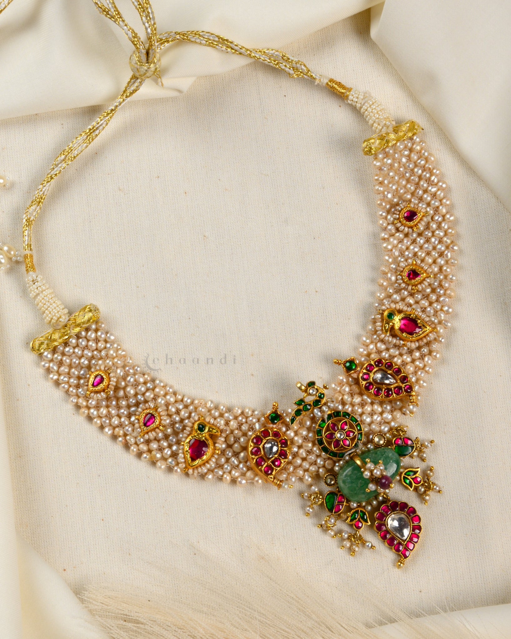 Pearl Choker Cum Necklace With Ruby Emerald And Kundan Pendant  CHN1430