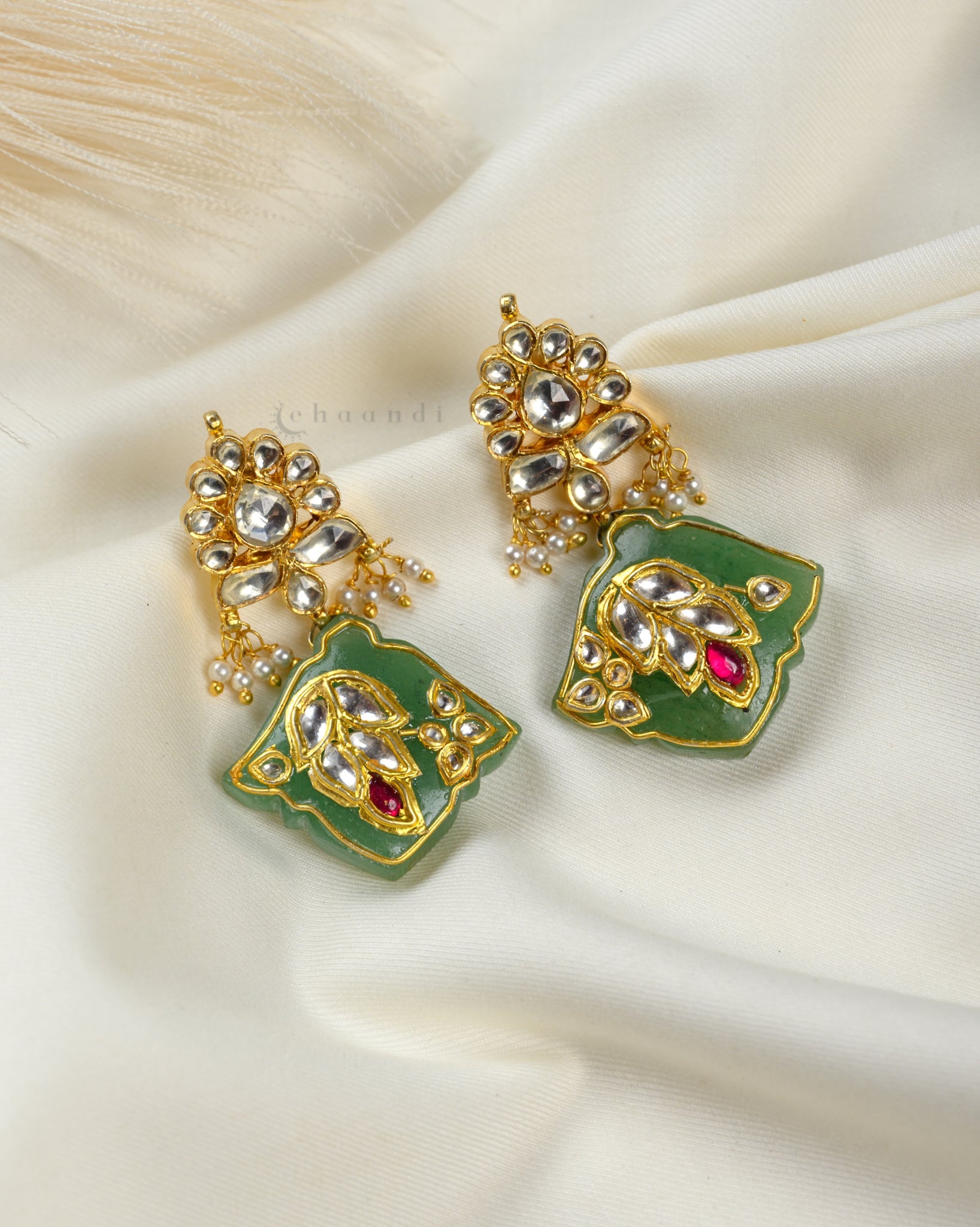 Gold Polish Kundan With Jade Inlay Work Earrings CHE1562