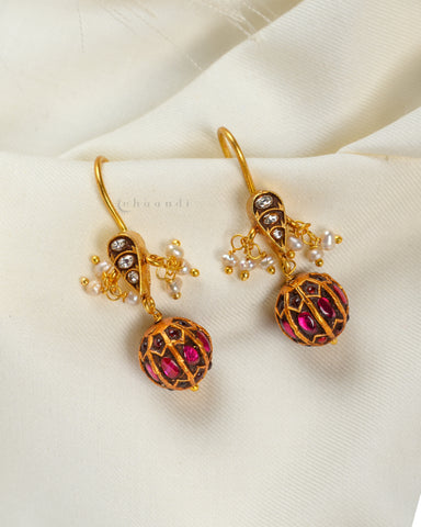 Antique Gold Polish Kundan And Ruby Ball Hangings CHE1528