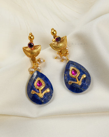 Gold Polish Antique Earrings With Blue Lapis Kundan Inlay Hangings CHE1518