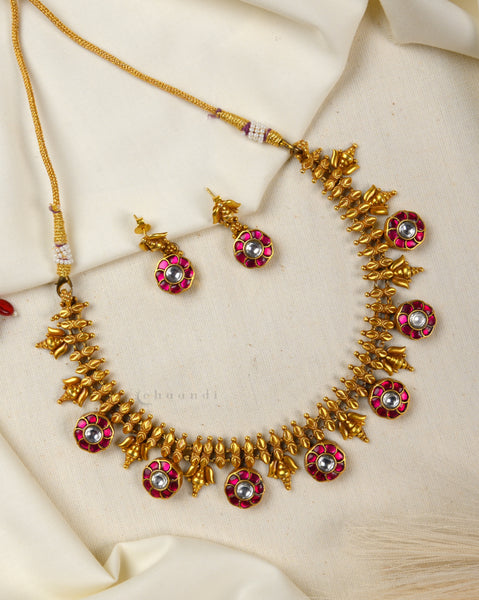 Gold Polish Kundan & Ruby Necklace Set CHN1449