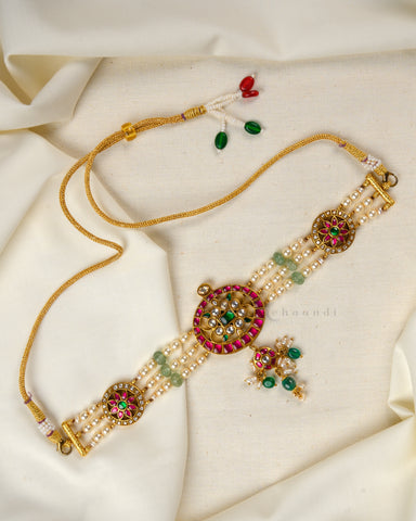 Gold Polish Kundan, Ruby And Emerald Choker With Pearl And Jade Beads CHN1425