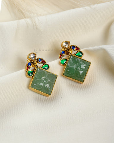 Gold Polish Kundan Ruby And Emerald Studs With Jade Carved Stone CHE1509