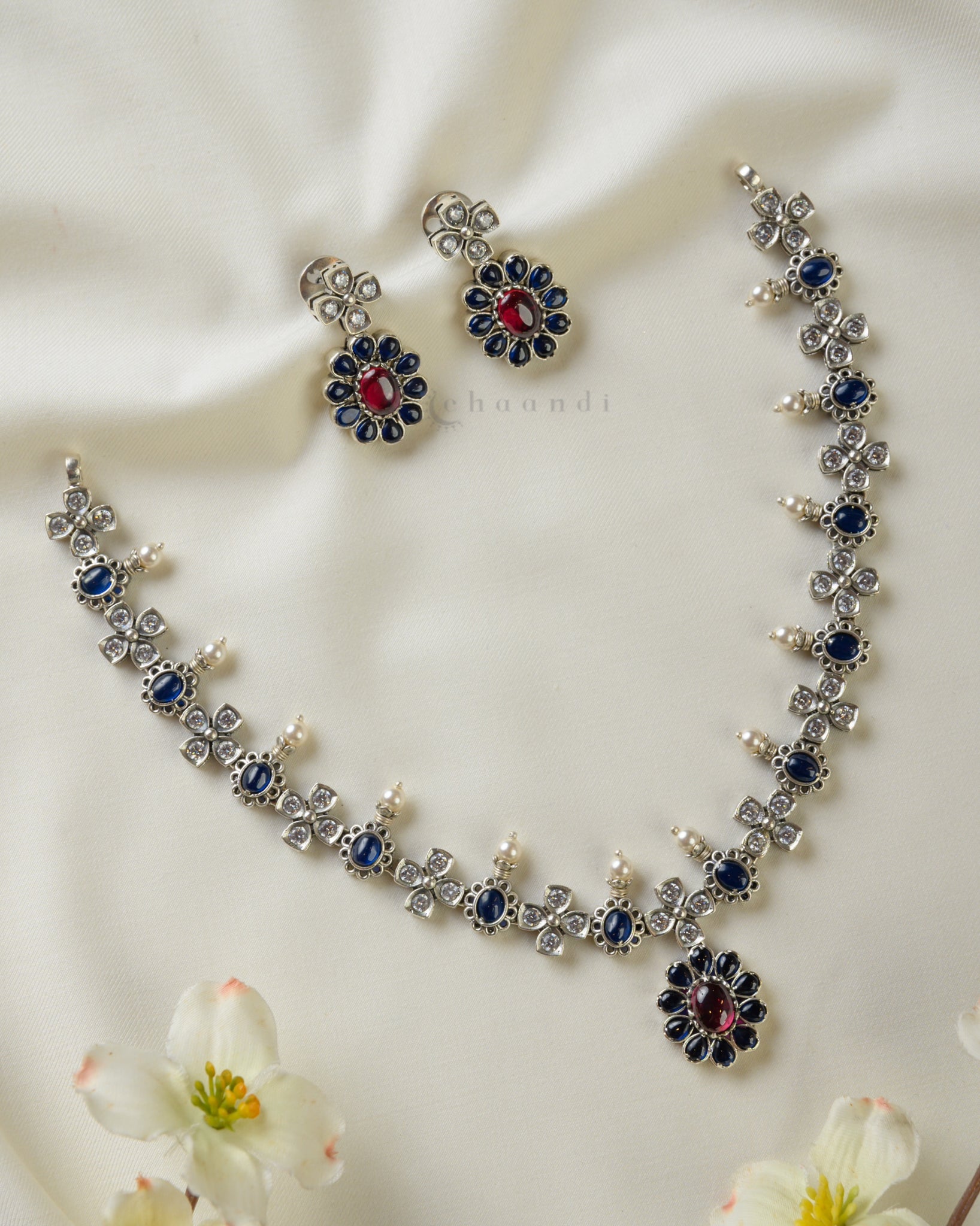 Silver Polish Blue & Red-Kemp Neckalce Set CHN1507