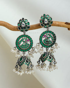 Green-Kemp Step Flower & Peacock Jhumka With Pearl Hangings CHE1655