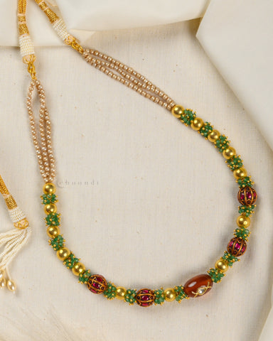 Antique Gold Polish Kundan, Inlay Sand Stone Gold And Jade Beads With Pearl Chain CHN1423