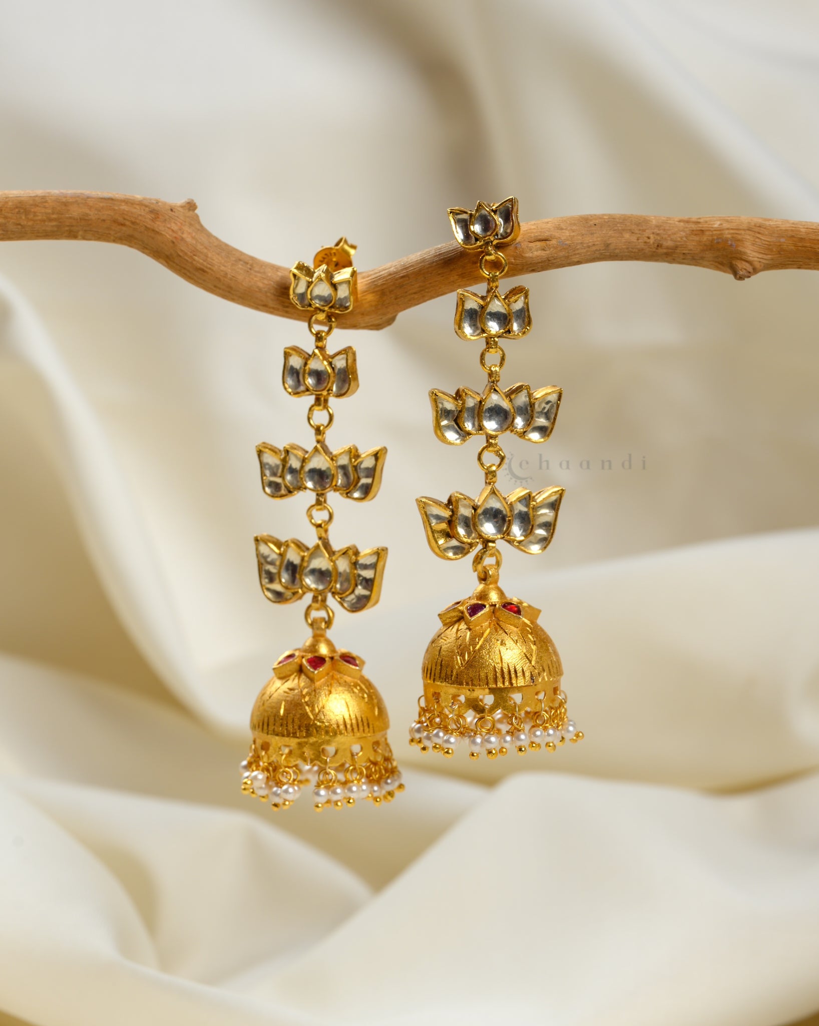 Gold Polish Silver Lotus Kundan Jhumka CHE1581