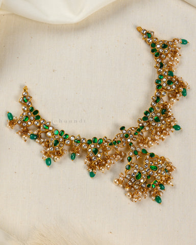 Gold Polish Kundan And Emerald Neckalce With Pearls And Green Onyx Beads CHN1435