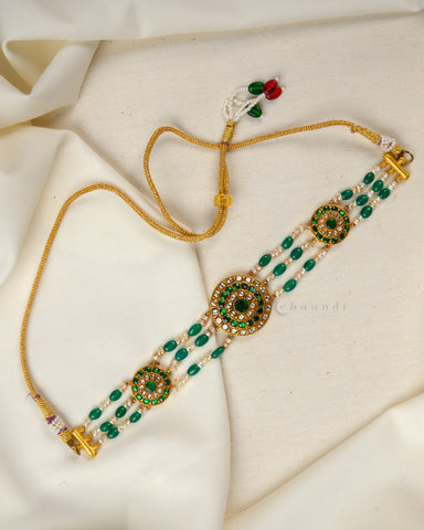 Gold Polish Kundan, And Emerald Choker With Pearl And Jade Beads CHN1426